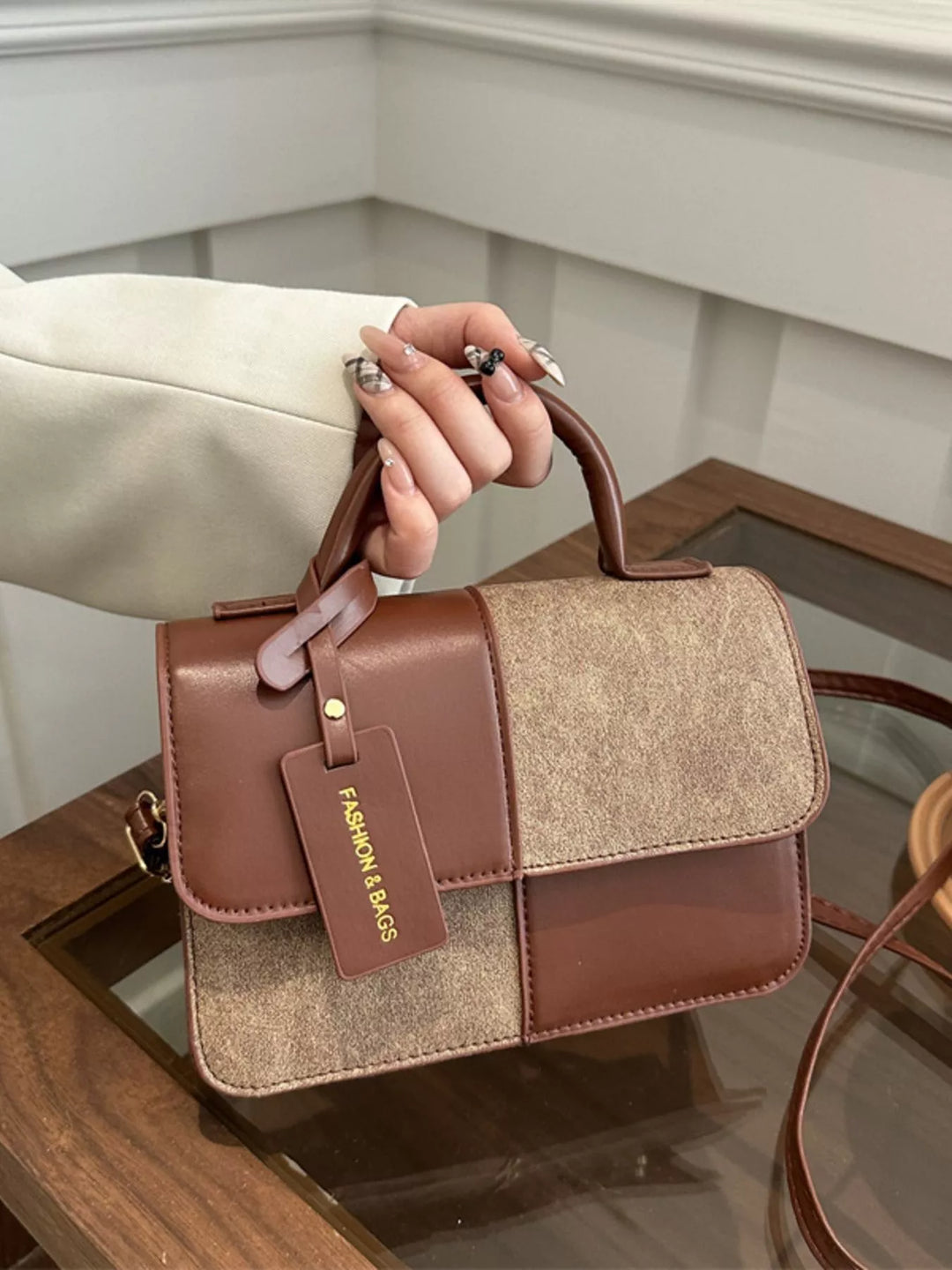 Color Block Flap Crossbody Bag with Top Handle
