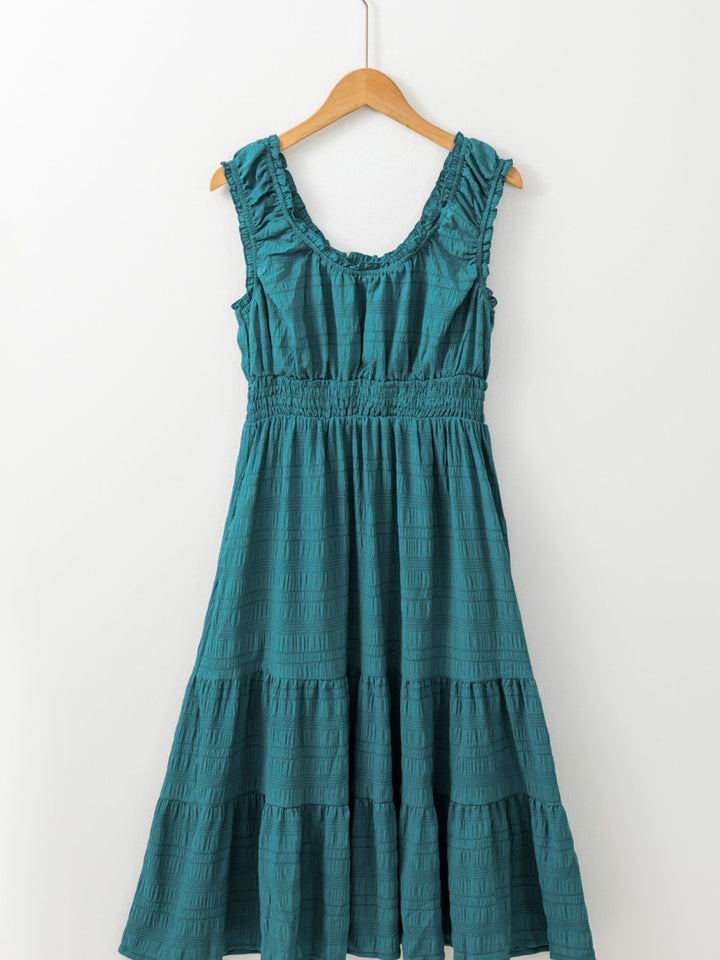 Shirred Pleated Square Neck Sleeveless Midi Dress