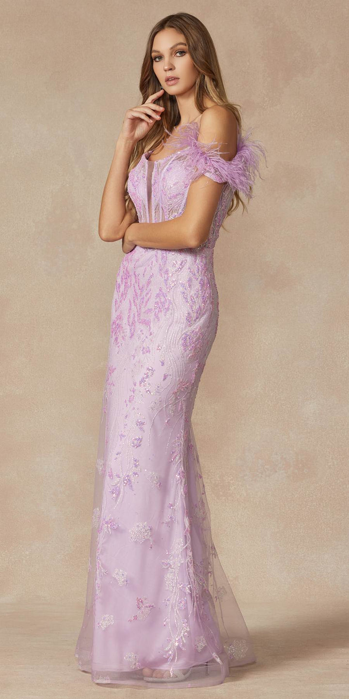 Juliet 288 Long Off the Shoulder Feather Strap Fitted Glitter Print Gown