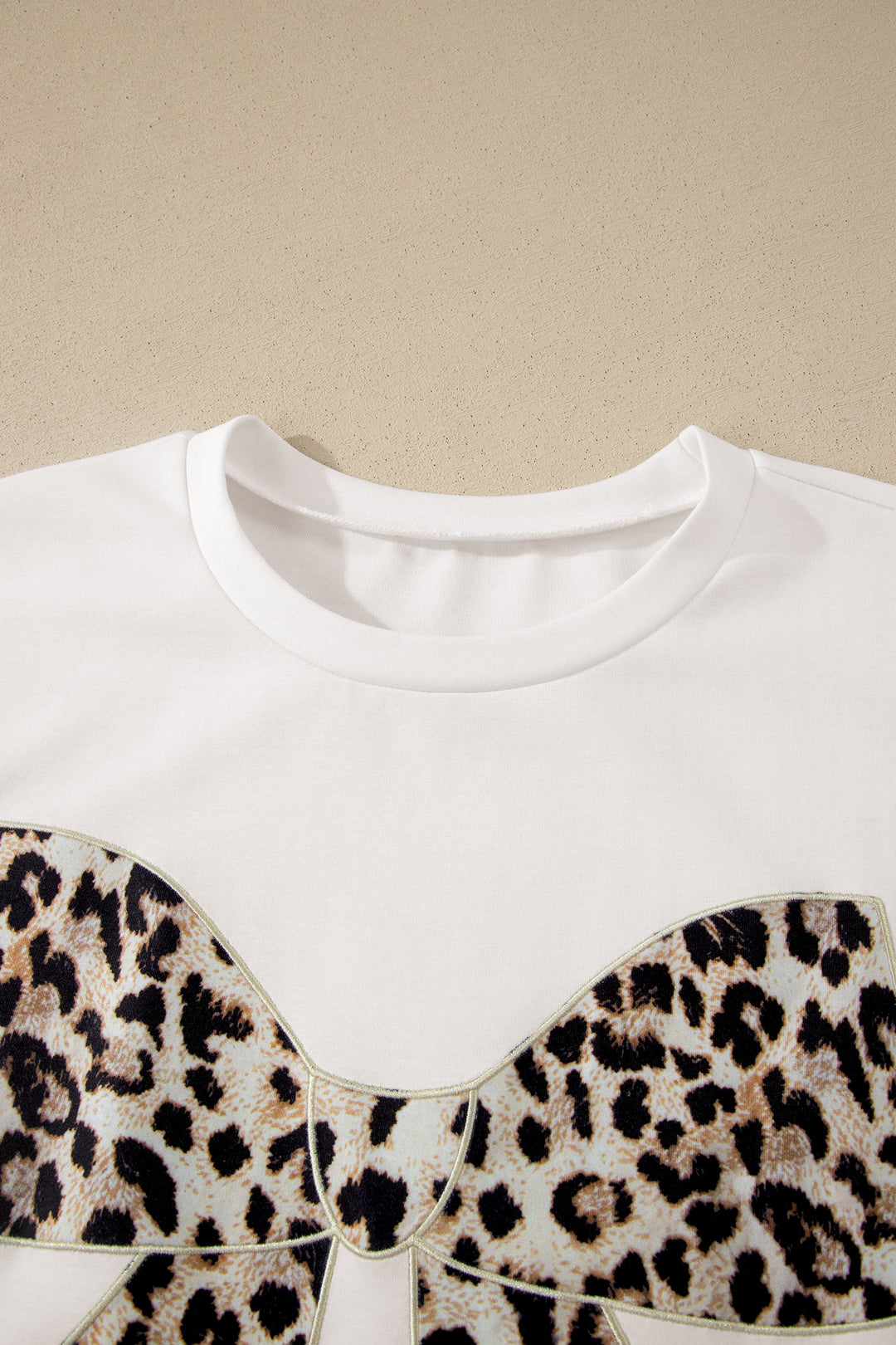 White Contrast Leopard Bow Patched Short Sleeve T Shirt Long Dress