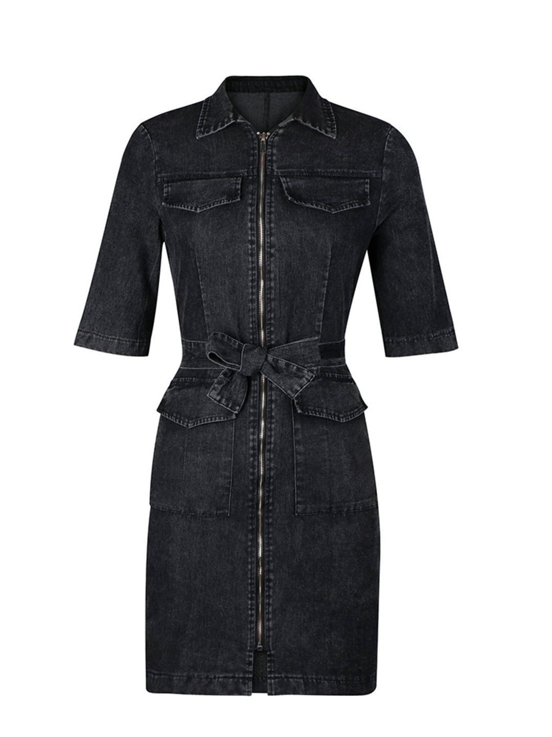 Zipper Front Short Sleeve Denim Dress