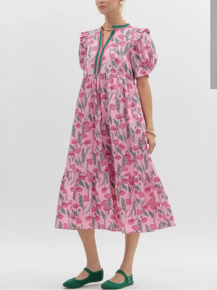 Floral Puff Sleeve Midi Dress with Contrast Trim