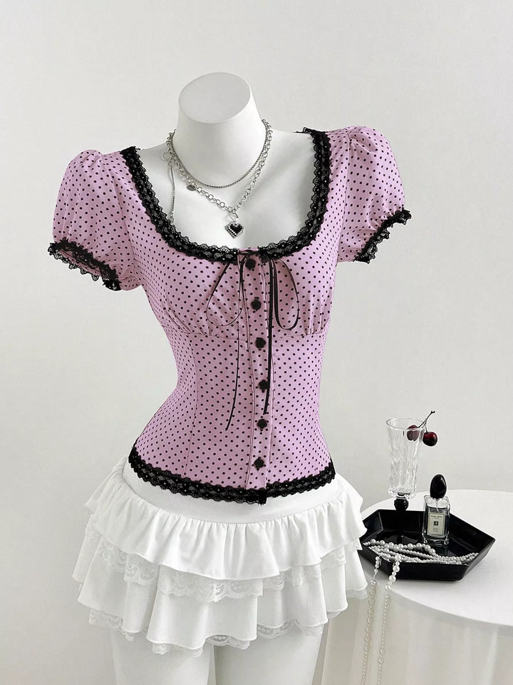 Polka Dot Lace Trim Puff Sleeve Top