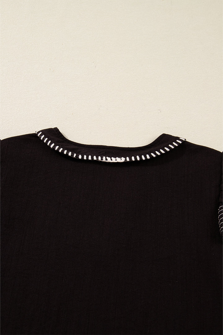 Black Contrast Stitched Detail V Neck Ruffle Long Sleeve Blouse