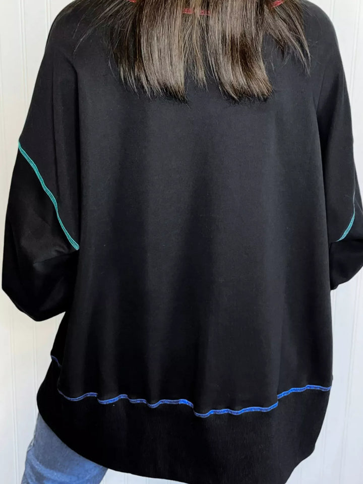 Sequin Joy Letter Graphic Contrast Seam Detail Drop Shoulder Sweatshirt