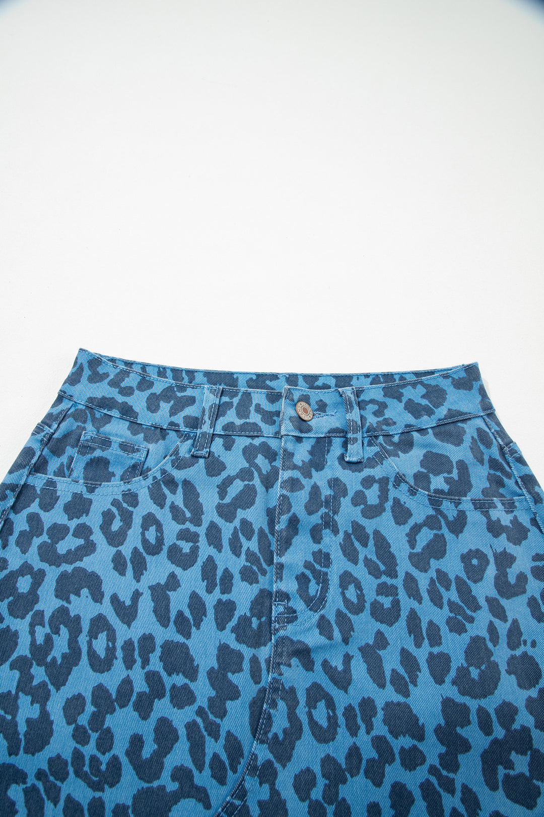 Sky Blue Leopard Denim Frayed Split Denim Midi Skirt
