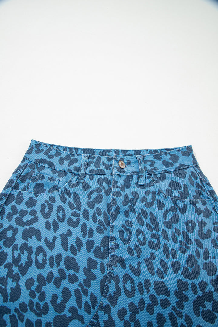 Sky Blue Leopard Denim Frayed Split Denim Midi Skirt