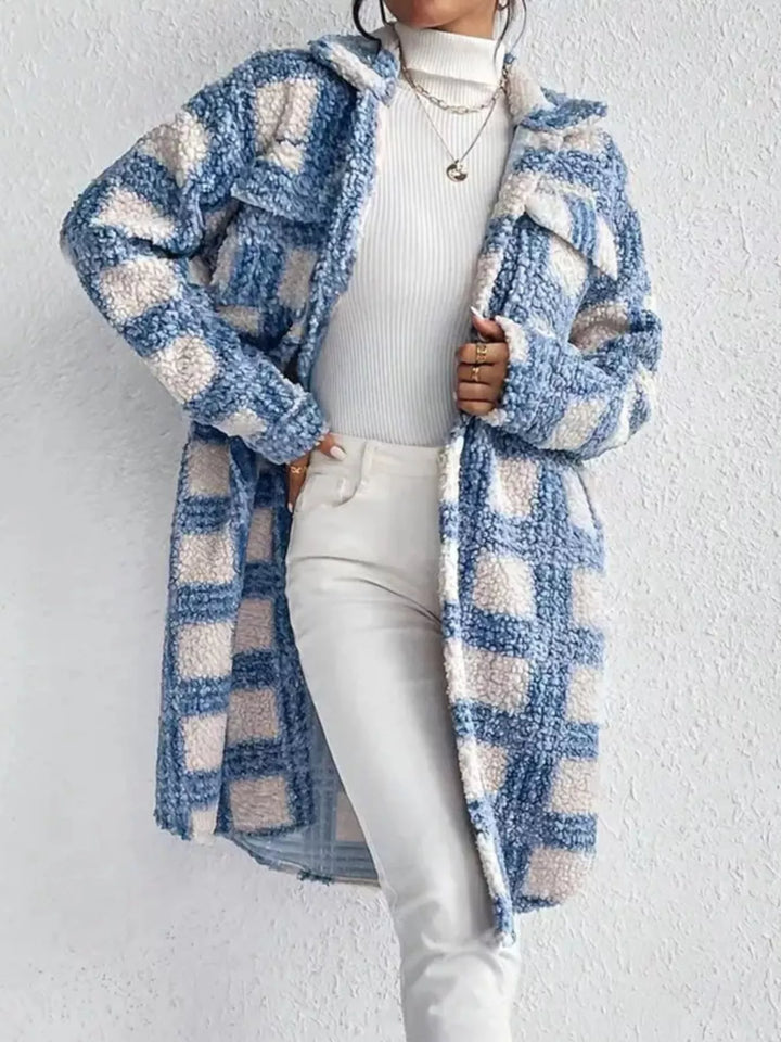 Plaid Button Up Long Sleeve Fleece Coat