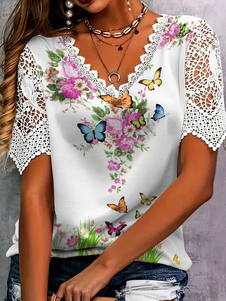 Full Size Printed Lace Sleeve V-Neck T-Shirt Plus Size