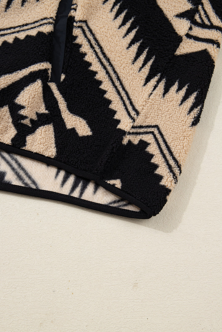 Black Plus Size Western Aztec Pattern Half Button Collared Plush Sweatshirt