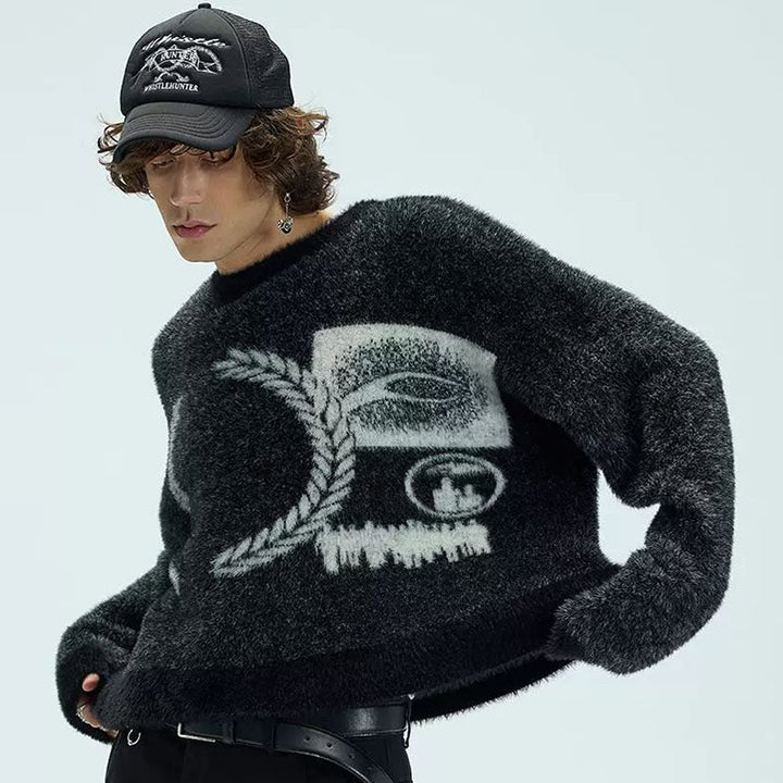 Mens American-style Cartoon Knitted Plush Color-block Crew-neck Sweater