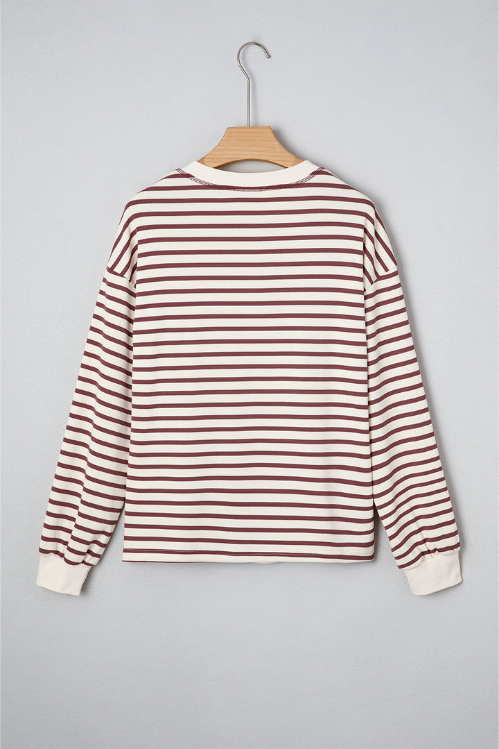 Red Dahlia Striped Print Drop Shoulder Long Sleeve Henley Top