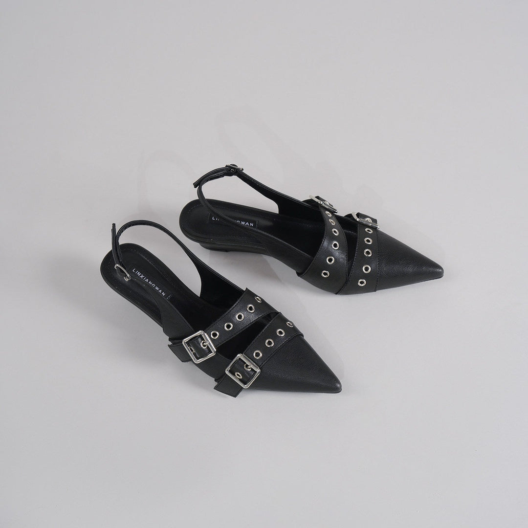 Black Punk Double Buckle Eyelet Pointed Toe Slingback Flat Mules For Women, Vintage Backless Slide Sandals