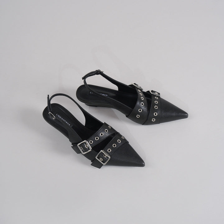 Black Punk Double Buckle Eyelet Pointed Toe Slingback Flat Mules For Women, Vintage Backless Slide Sandals