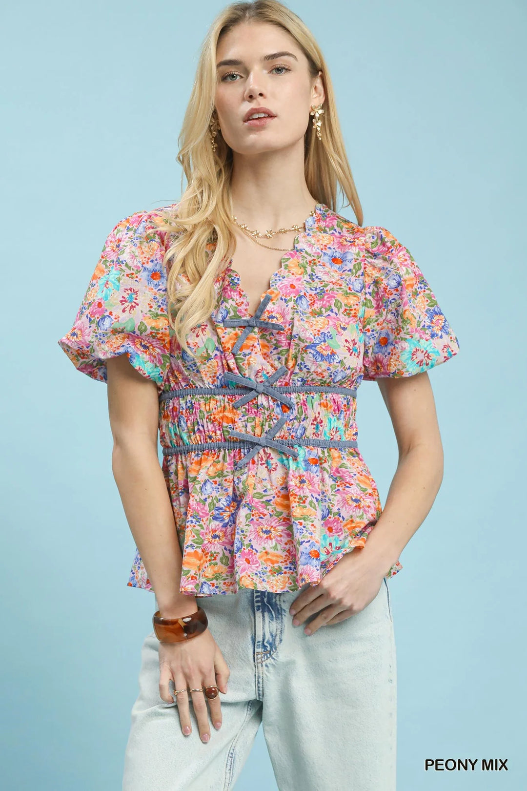 Umgee Mix Floral Smocked Waist Blouse