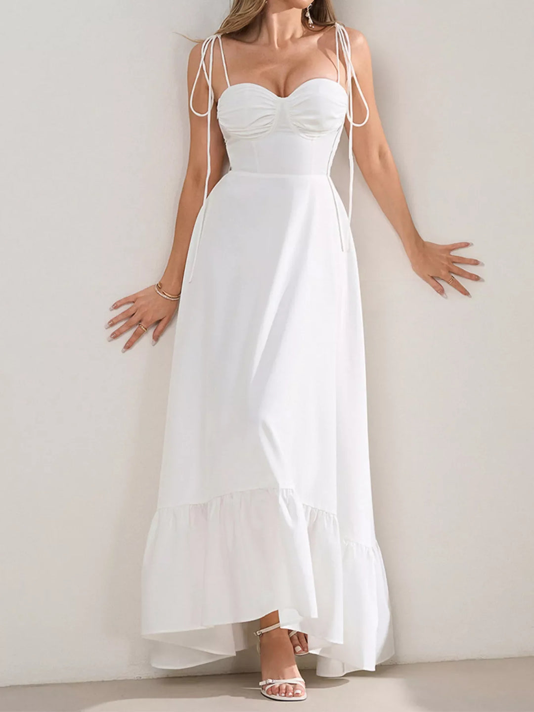 Sweetheart Neck Tie-Strap Ruffle Hem Maxi Dress