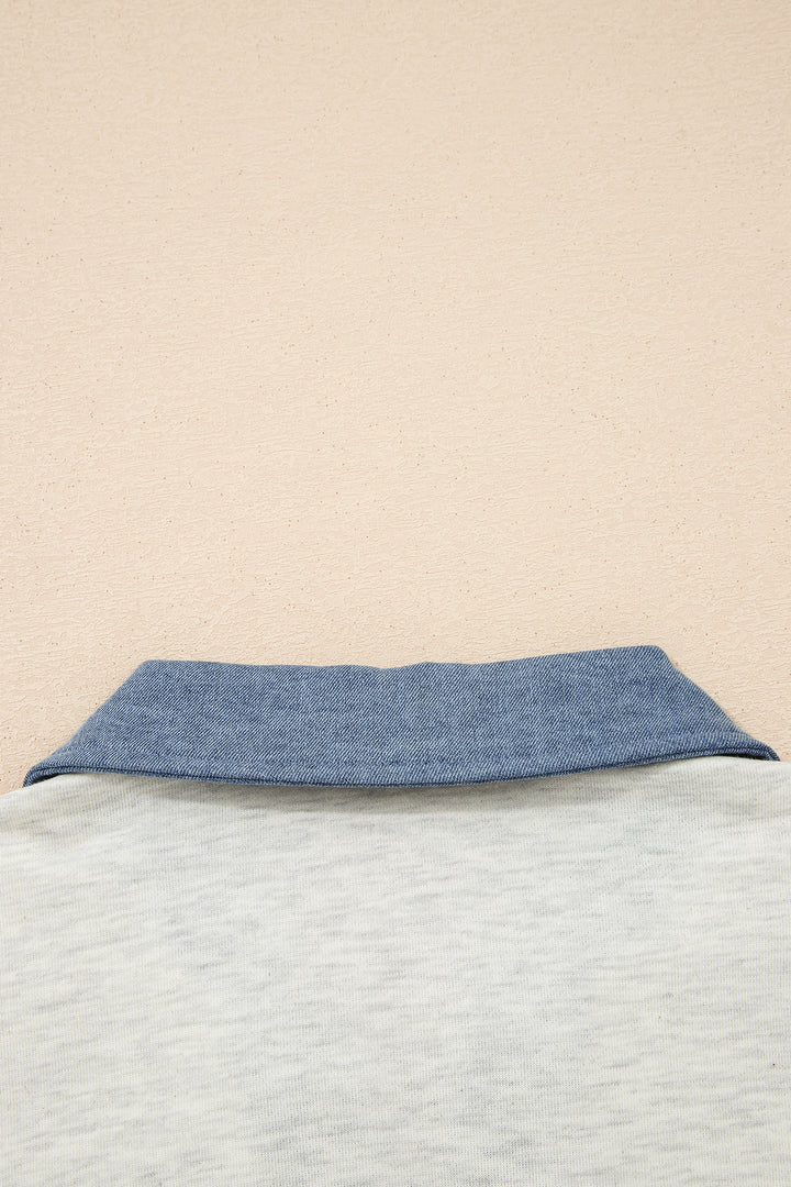 Light Grey Denim Color Block Patchwork Button Polo Collar T Shirt Tunic Dress