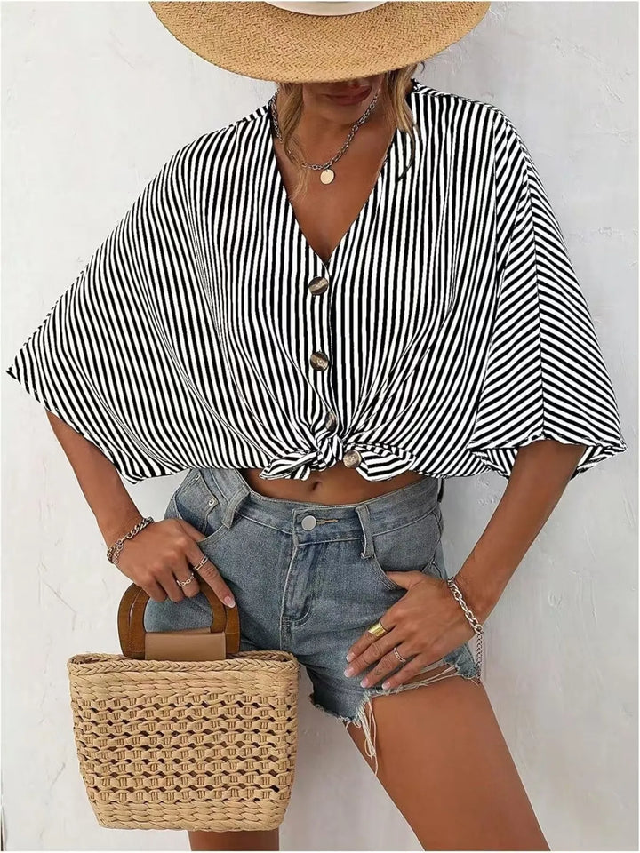 V-Neck Striped Batwing Sleeve Casual Blouse