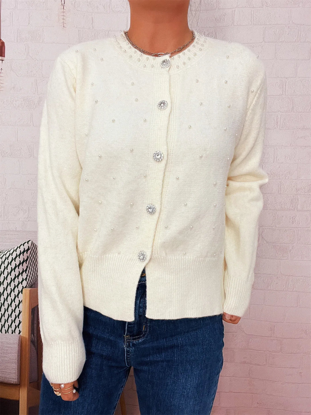 Pearl Detail Button-Front Cardigan