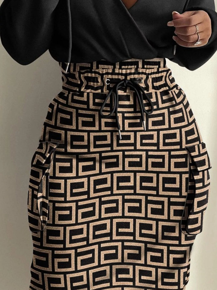 Full Size Drawstring Waist Surplice Printed Dress Plus Size
