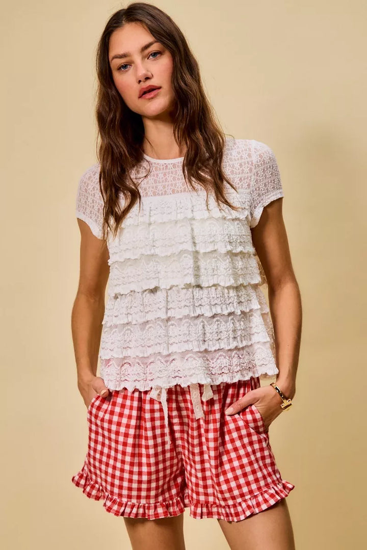 SO ME Ruffle Tiered Stretch Lace Short Sleeves Knit Top
