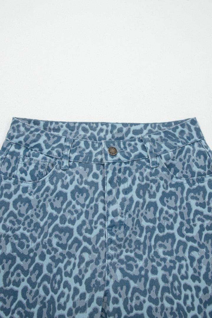 Sky Blue Leopard Frayed Edge Wide Leg High Waist Jeans