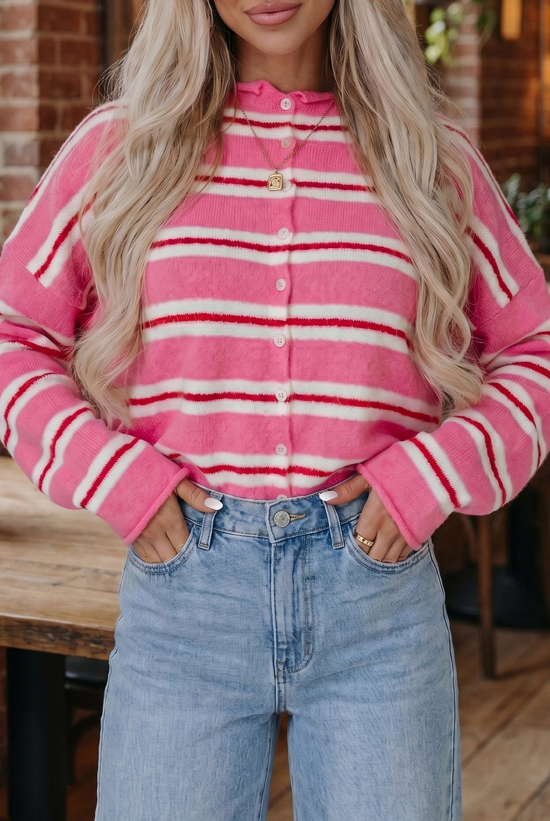 Blue Stripe Striped Drop Shoulder Button Cardigan