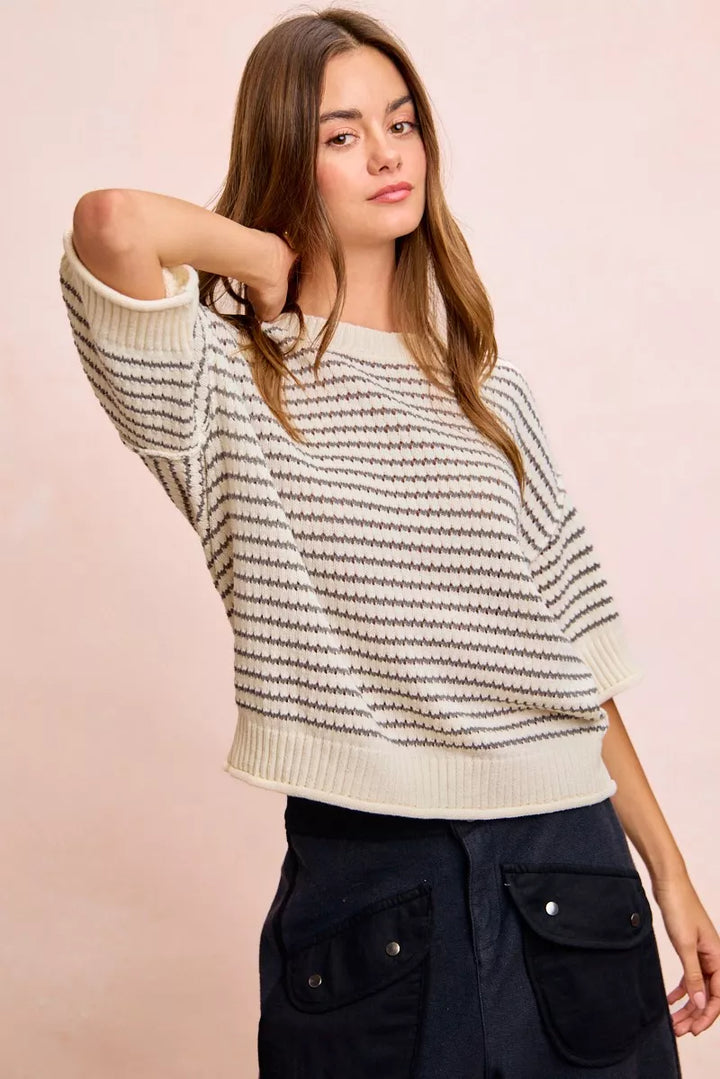 BiBi Stripes Short Sleeves Rib Banded Outseam Knit Top
