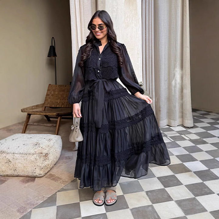 Long-sleeve Hollow-out Mesh Patchwork Dress With Lantern Sleeves