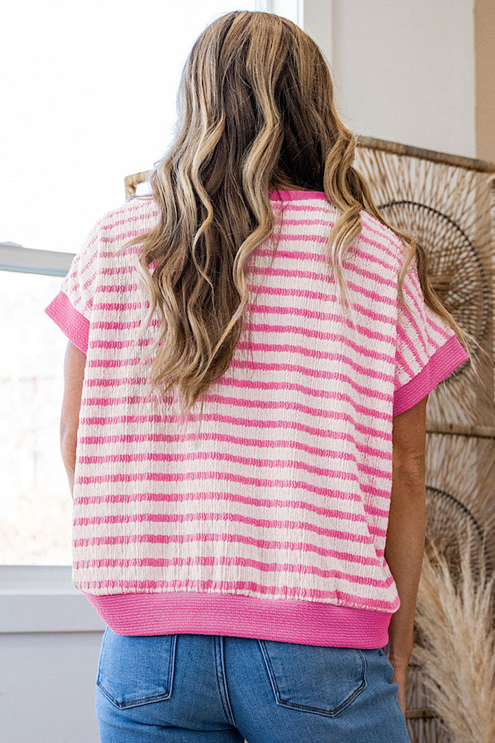 Pink Stripe Textured Knit Contrast Trim V Neck Short Sleeve Top