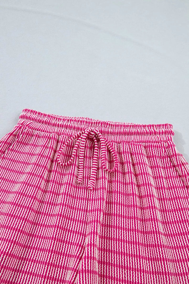 Stripe Raised Rib Loose Tee Drawstring Elastic Waist 2pcs Short Set