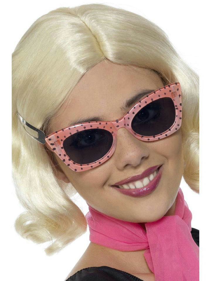Pink 50's Style Frames Glasses with Black Polka Dots and Tinted Lenses