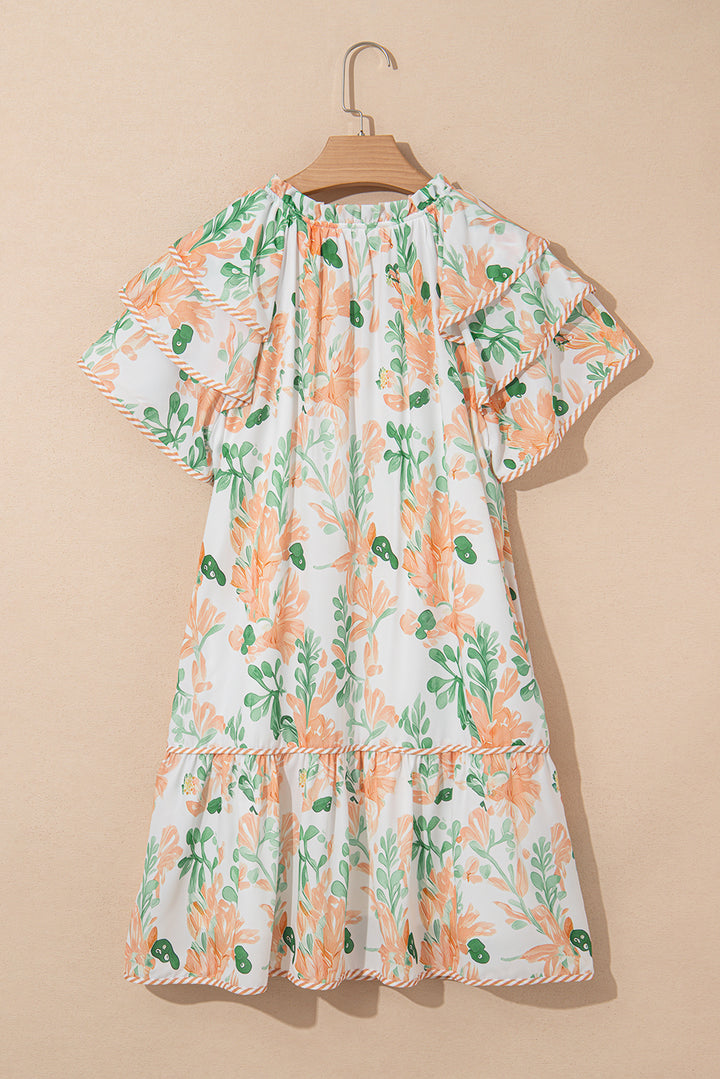 Mini-robe orange à manches courtes et bordures contrastées à fleurs