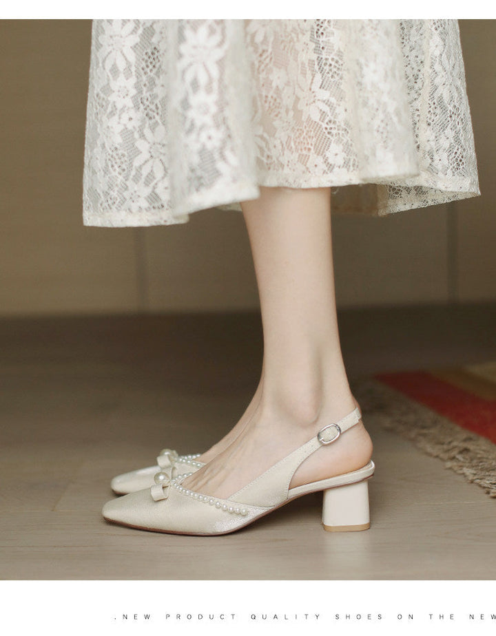 Women Block Heel Closed Toe Sandals, 2026 Summer New Fashion Square Toe Back Strap Pearl Fairy Style High Heel Pumps