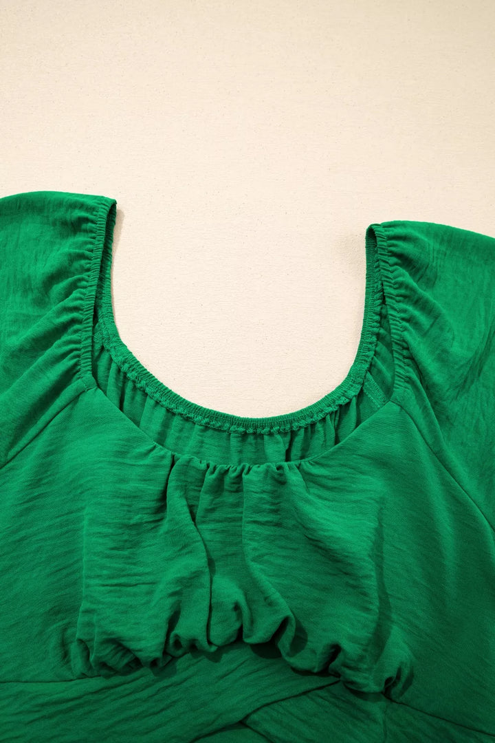 Solid Color Ruched Crossed Waist Tied Back Short Sleeve Peplum Top
