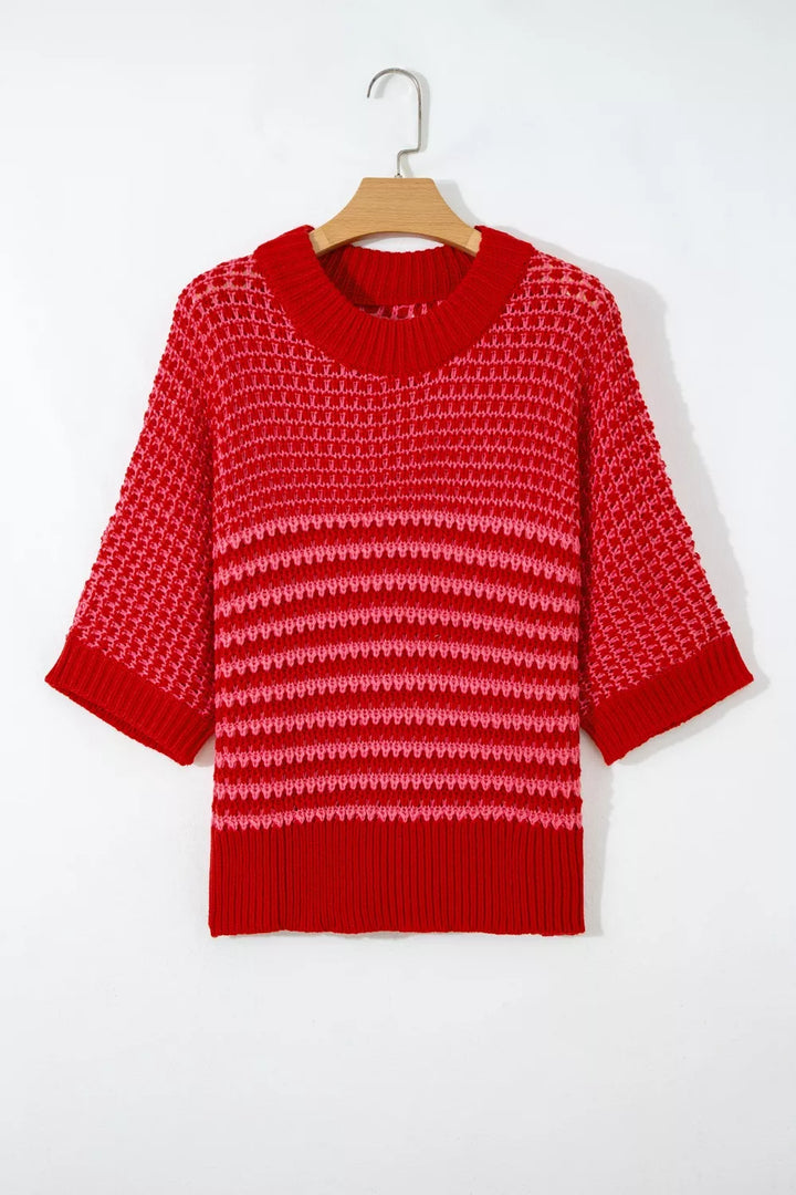 Stripe Wavy Crochet Eyelet Detail Ruffle Half Sleeve Sweater