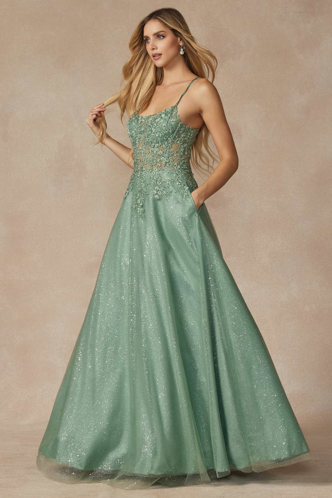 Juliet 295 Floor Length Leaf Lace Gown Corset Bodice Prom Gown