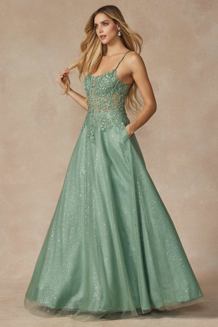 Juliet 295 Floor Length Leaf Lace Gown Corset Bodice Prom Gown