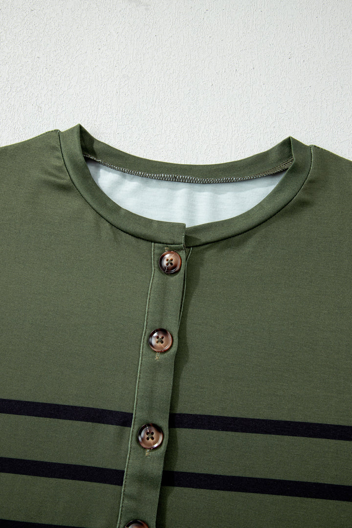 Four Leaf Clover Striped Half Buttons Crew Neck T-Shirt