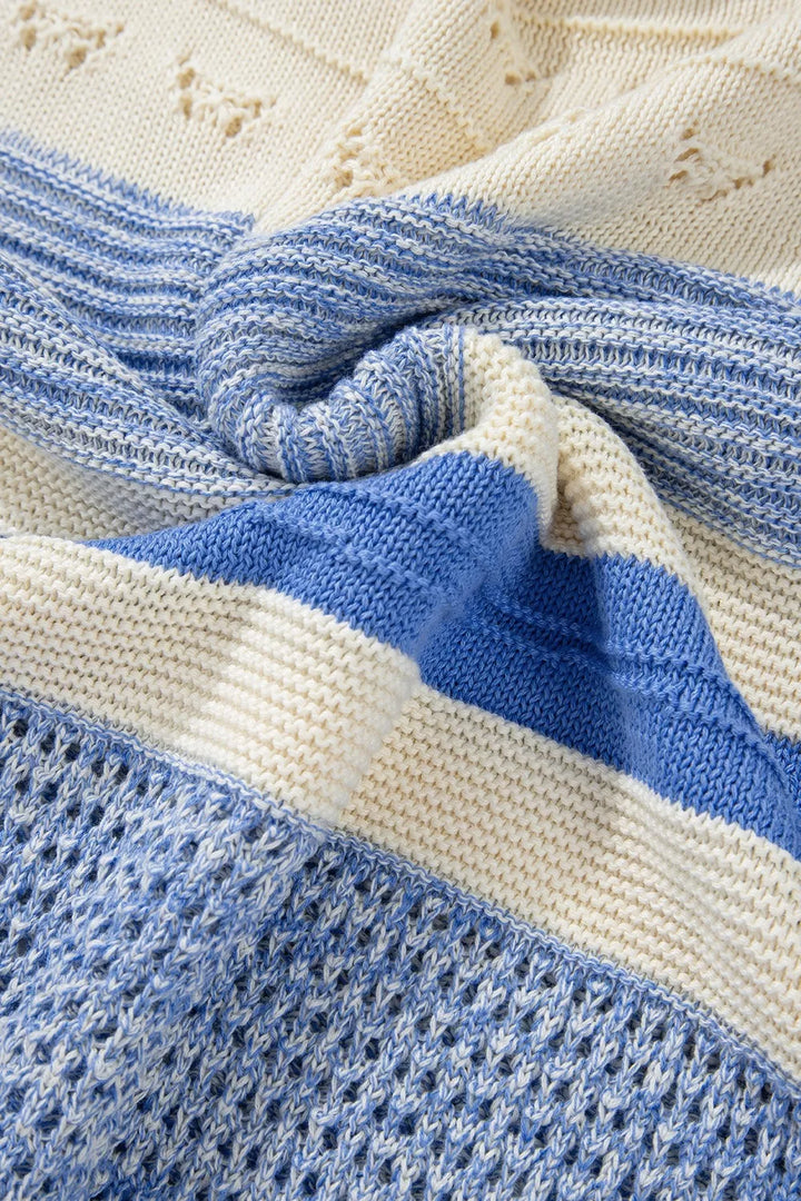 Openwork Striped Knit Long Sleeve Sweater