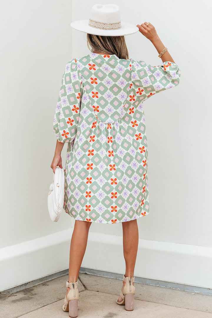 Green Geometric Floral Print 3/4 Sleeve Notched Neck Mini Dress