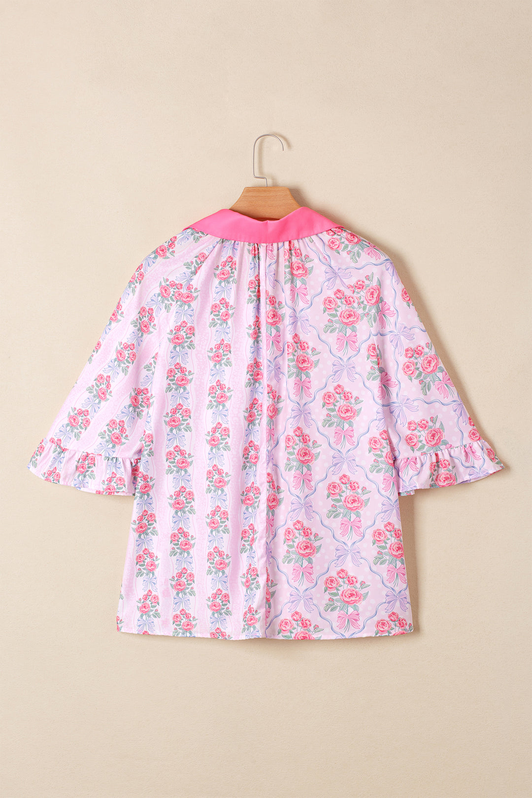 Purple Floral Collared Ruffled Half Sleeve Shirt