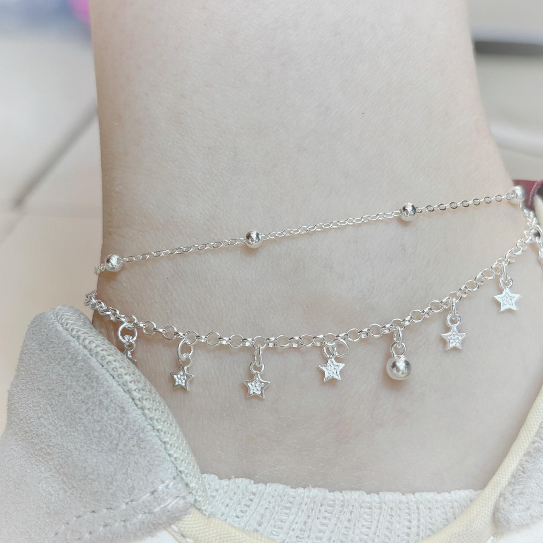 1pc 999 Sterling Silver Double-Layer Star & Bead Anklet, Delicate Luxurious Style, Perfect For Daily Wear & Valentine's Gifts
