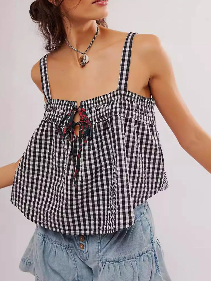 Smocked Gingham Tie-Front Cami