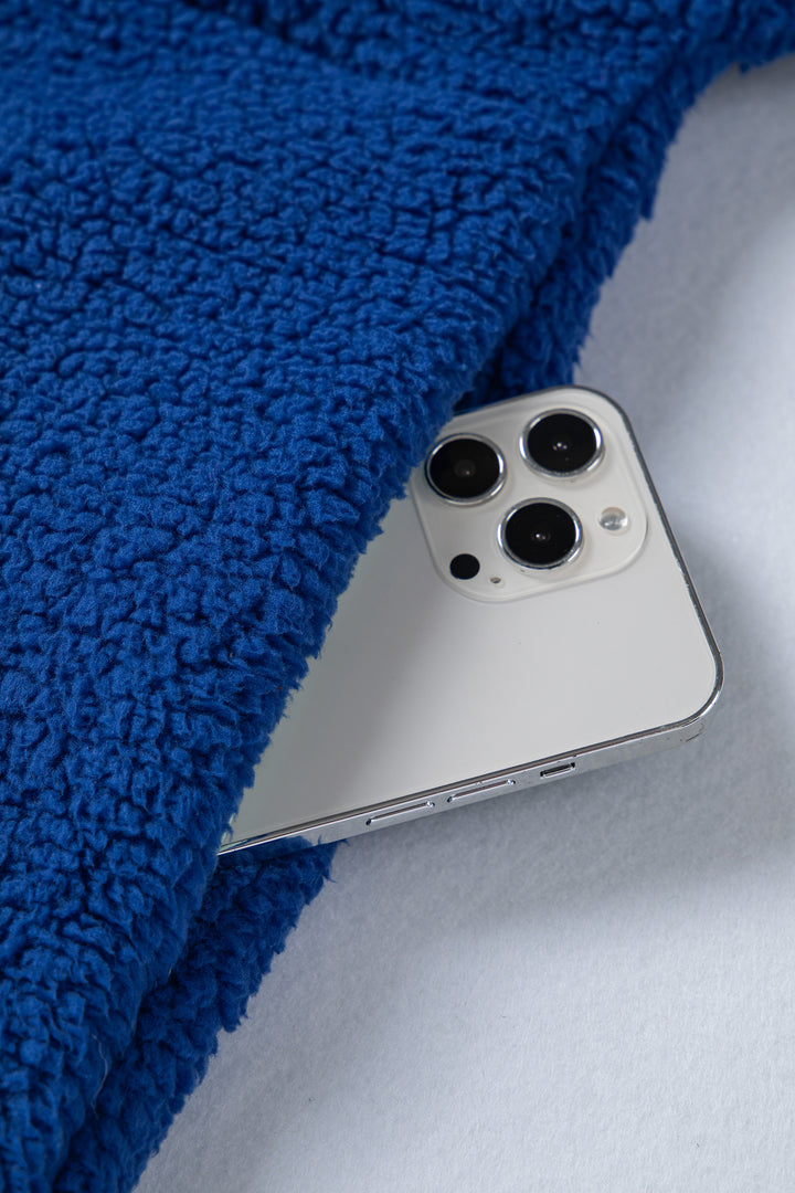 Sky Blue Sherpa Half Zip Contrast Trim Pullover Hoodie