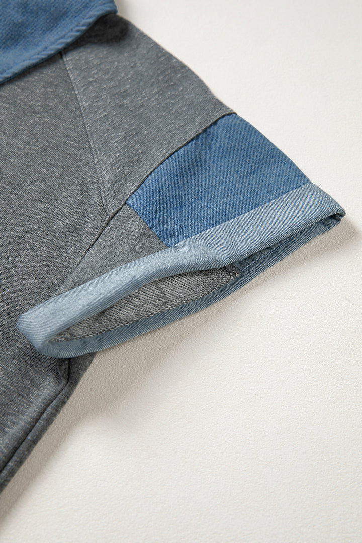 Carbon Grey Denim Color Block Patchwork Shirt Collar Short Sleeve Blouse
