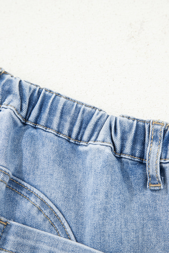 Beau Blue Drawstring Seam Detail Raw Hem Wide Leg Denim Pants