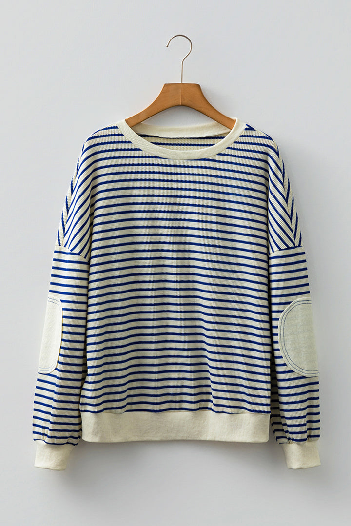 Blue Stripe Textured Elbow Patched Crew Neck Drop Shoulder Sweatshirt