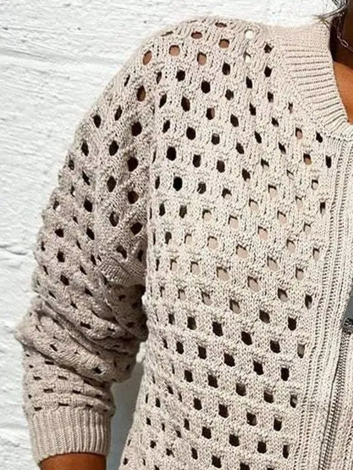 Full Size Zip Up Long Sleeve Cardigan with Eyelet Detail Plus Size