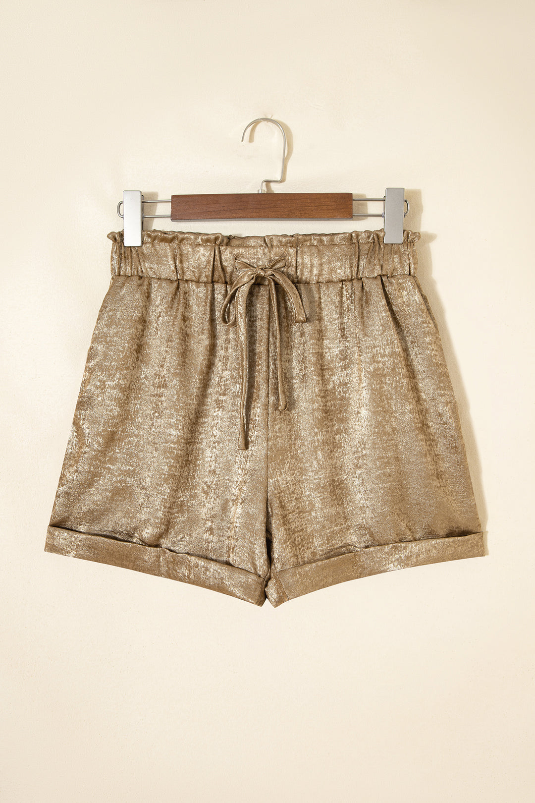 Gold Metallic Luster Tie Elastic Waist Cuffed Hem Shorts
